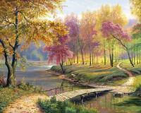 Картина по номерам «Деревянный мостик через реку в весеннем лесу»