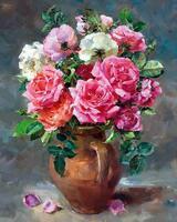 Картина по номерам «Глиняный кувшин с букетом чайных роз»