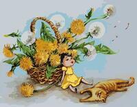 Картина по номерам «Девочка, котик и одуванчики в корзинке»