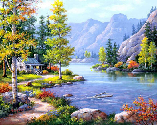 Картина по номерам 40x50 Каменный домик у тихой горной реки