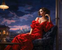 Картина по номерам «Девушка в красном платье на фоне ночного неба»