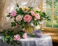 Картина по номерам «Букет садовых роз и голубика»