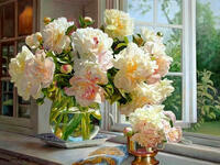 Без бренда «Ваза с букетом белых пионов у окна» в Перми