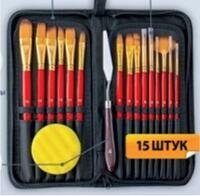 Без бренда «Коробка 50 шт.: Набор кистей для рисования в чехле, премиум набор (15 нейлоновых кистей, 1 мастихин) красные» в Перми