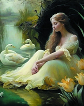 Милая девушка и белые лебеди на реке