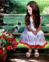 Картина по номерам «Милая девочка и котенок на скамейке»